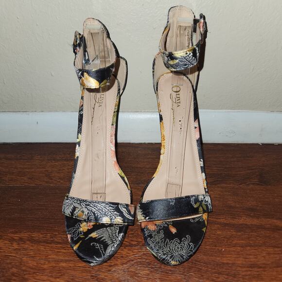 Olivia Ferguson Monica Black Floral Embroidered Satin Ankle Strap Open Toe , 10 - Picture 5 of 10